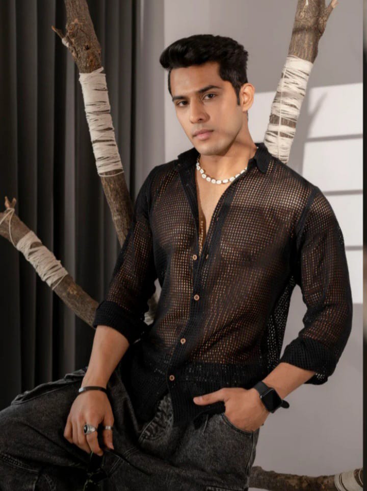 Streak Hawk Crochet Cotton Jet Black Net Lace Shirt For Men